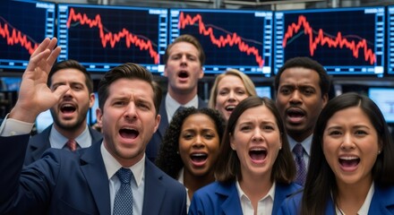 Group of diverse traders shouting in reaction to a falling stock market displayed on red digital charts. Concept of economic crisis and financial downturn.