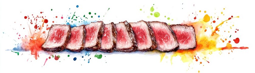 Obraz premium Sliced Beef Watercolor Art with Color Splashes, Steak, Food art