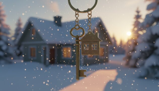 Golden key charm near snowy cottage depicting winter home ownership concept at sunset - Powered by Adobe