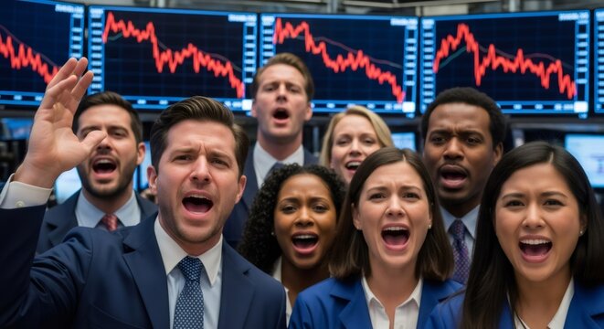 Group of diverse traders shouting in reaction to a falling stock market displayed on red digital charts. Concept of economic crisis and financial downturn.