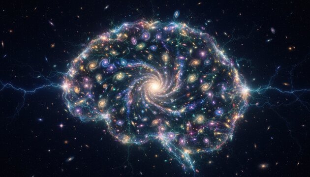 Cosmic brain shape formed by swirling galaxy cluster symbolizing creativity knowledge and universal connection in abstract space scene