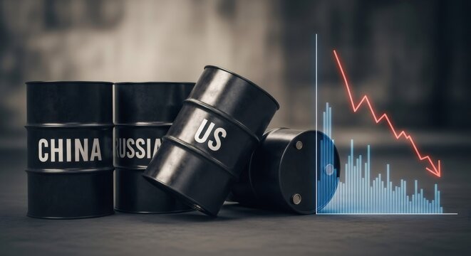 Black crude oil barrel with country names and downward graph visualization of falling prices. Concept of global economic crisis energy market and sanction.