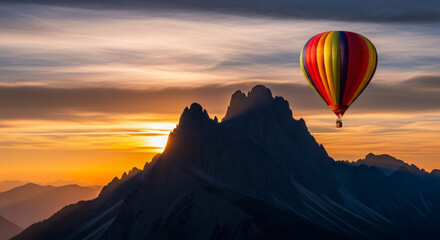 Hot air balloon flying over mountains at sunrise