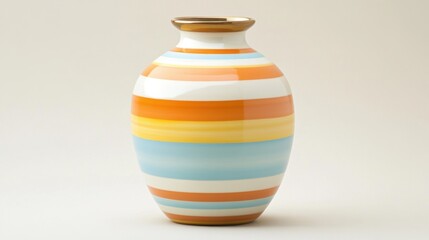 Elegant striped vase isolated on white background, featuring a vibrant color palette of orange, yellow, blue, and white, with a glossy finish