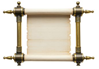 An ancient, aged papyrus scroll, partially unfurled with blank center, held by ornate antique bronze and gold rollers, on a transparent studio background. Concept of historical legacy and wisdom