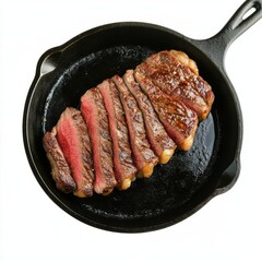 Sliced Medium Rare Steak in Cast Iron Pan, grilling , beef