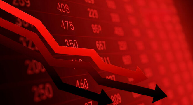 Crashing stock market chart with red and black arrows pointing down. Economic crisis concept. Financial decline and investment loss background. - Powered by Adobe
