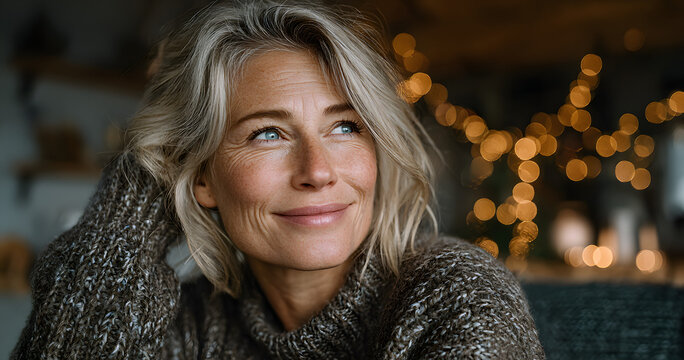 Portrait, smile and woman with Christmas in home, holiday happiness and festive season in December. Xmas time, positive spirit and excited mature person with winter sweater, vacation and decorations