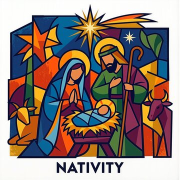 Modern Abstract Nativity Scene with Stained Glass Geometric Design