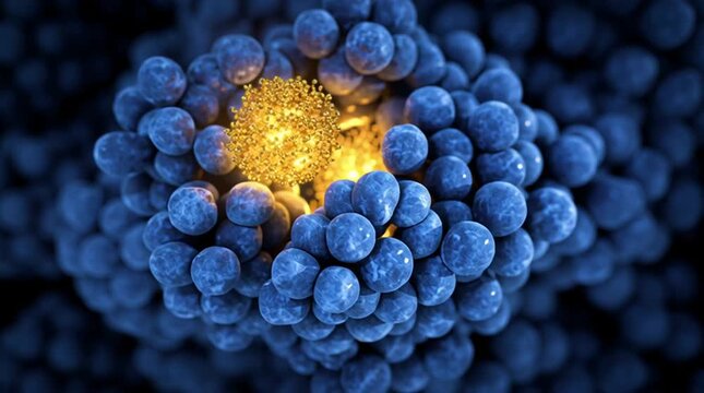 Symbolic visualization of uranium enrichment showing a single glowing golden Uranium-235 atom separated from a large cluster of blue Uranium-238 atoms on a dark background.
