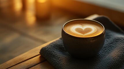 Aromatic cappuccino with a heartshaped latte art on a soft gray towel, illuminated by warm, inviting light, creating a cozy atmosphere
