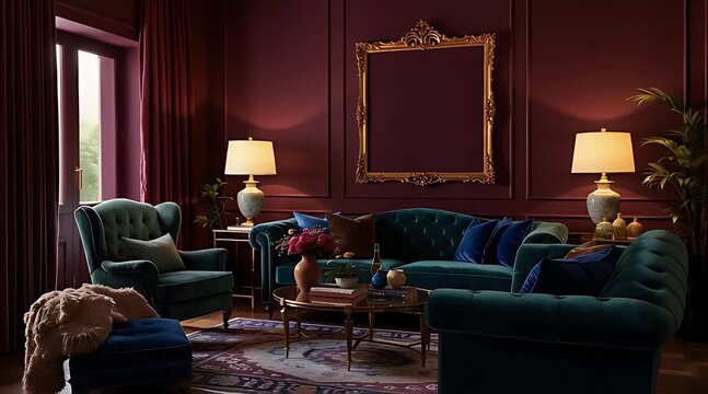 Luxurious classic living room interior featuring teal velvet sofa and armchair against burgundy walls with ornate gold frame and elegant decor