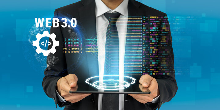 The concept of Web 3.0 development and decentralized data processing. The flow of binary code and information in the next generation internet. Motif