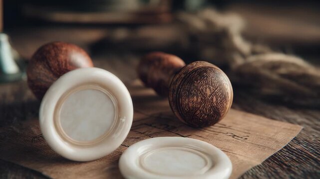 Two elegant wax seals rest beside intricately carved wooden stamps on aged parchment, evoking a sense of history. The warm tones of wood harmonize beautifully with the creamy seals