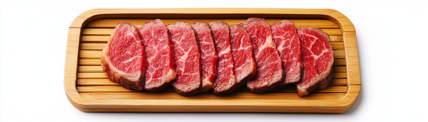 Fototapeta premium Sliced Rare Beef Steak on Wood Tray, Food Photography, Meat Dish ,Steakhouse