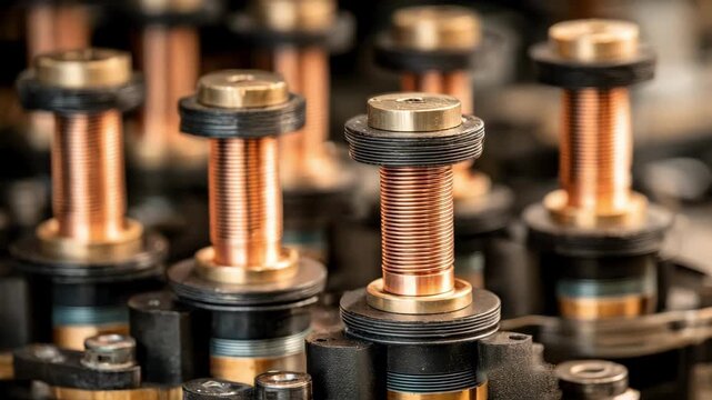 Synchronized machines work in harmony to create copper coils with consistent spacing and tension highlighting efficient coordinated manufacturing processes.