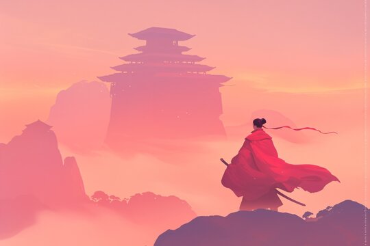 Woman warrior standing on a mountain peak, looking at a distant temple. Fantasy action role-playing game art for mobile and pc game with epic asian concept.