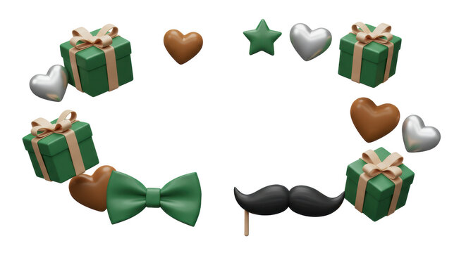 3D rendered green bow tie, gift boxes with tan ribbons, silver and green hearts, brown and green stars, black mustache, elegantly framing transparent copy space, Concept for masculine celebration and