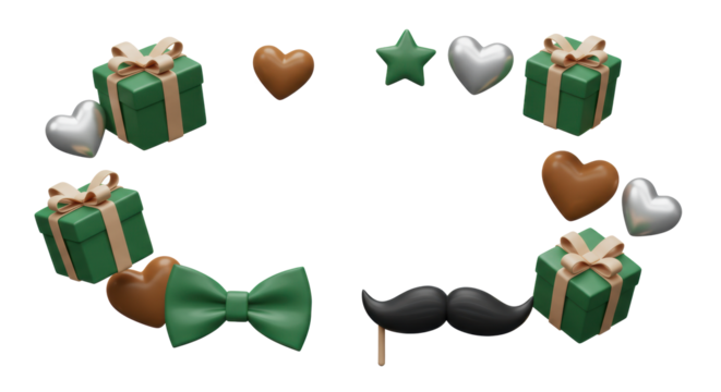 3D rendered green bow tie, gift boxes with tan ribbons, silver and green hearts, brown and green stars, black mustache, elegantly framing transparent copy space, Concept for masculine celebration and - Powered by Adobe