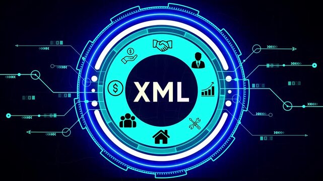 Futuristic Digital Interface with XML and Business Icons on Dark Blue Circuit Board Background extensible markup language