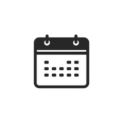 A clean minimalist calendar icon designed in a flat style with a solid black color and simple geometric shapes. This modern date symbol features smooth rounded corners and high clarity