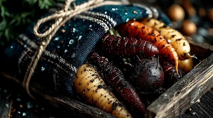 Close up of fresh colorful organic carrots with soil and water droplets in wooden crate with rising mist - Powered by Adobe
