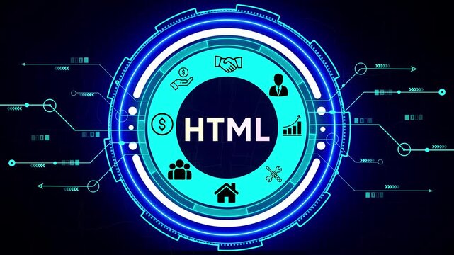 HTML markup language concept with business and technology icons in a digital circle HTML code