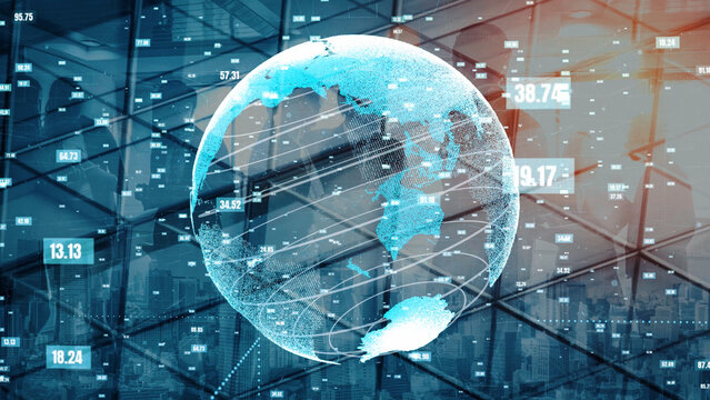 This captivating digital globe image illustrates global connectivity with data overlays, symbolizing the intersection of technology and business in a modern environment. Xenic