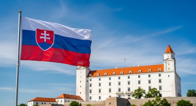 Slovak flag waving against a vibrant blue sky with Bratislava castle in the background. Patriotism, national pride, and heritage concept for travel.