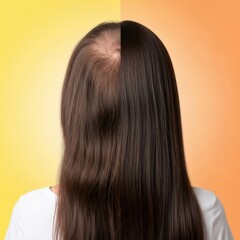 Naklejka premium Woman with hair loss and beautiful thick hair after treatment. Solution for alopecia and hair care concept. Before and after result.