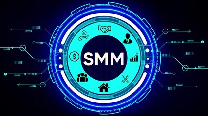 SM social media marketing concept with icons and futuristic HUD interface digital marketing online advertising - Powered by Adobe