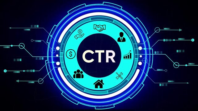 Digital marketing CTR concept with icons and futuristic HUD interface on dark background click through rate