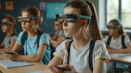 Children in classroom wear augmented reality headsets, learning with smart technology