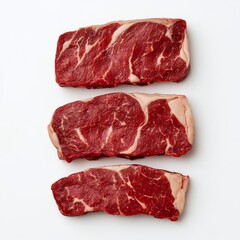 Obraz premium Three Fresh Raw Ribeye Steaks on White Background, Beef , Meat