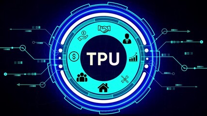 Circular digital interface with business and technology icons in a sci-fi theme abstract futuristic