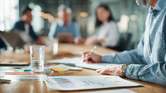 Medium shot of a market analyst reviewing printed case studies on buying behavior while taking notes during a team meeting.