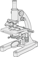 Compound optical microscope technical vector illustration, laboratory equipment for scientific research, detailed line art with gray shading.