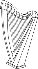 Traditional lever harp technical vector illustration, stringed musical instrument, line art drawing of celtic folk instrument, music.