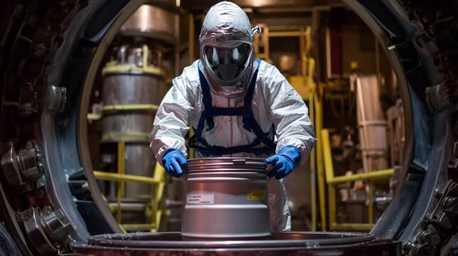 A worker in a full protective suit carefully handles a container of uranium hexafluoride gas before enrichment, highlighting strict safety protocols and the controlled environment of nuclear processin