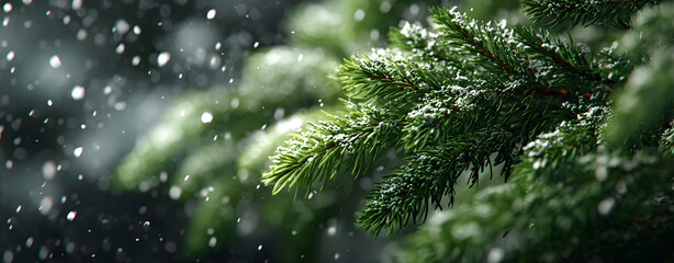 Obraz premium Close-up of green fir branches with sparkling garland against the backdrop of snowfall