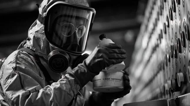 A worker in a full protective suit carefully handles a container of uranium hexafluoride gas before enrichment, highlighting strict safety protocols and the controlled environment of nuclear processin