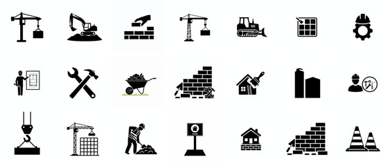 Build and construction icon element set. Containing crane, building, land, excavator, maintenance, contractor, worker, architecture and more. Solid icons vector collection.