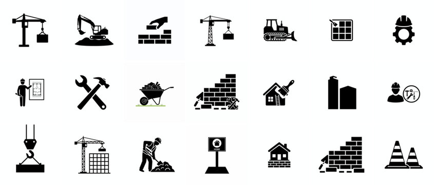 Build and construction icon element set. Containing crane, building, land, excavator, maintenance, contractor, worker, architecture and more. Solid icons vector collection.