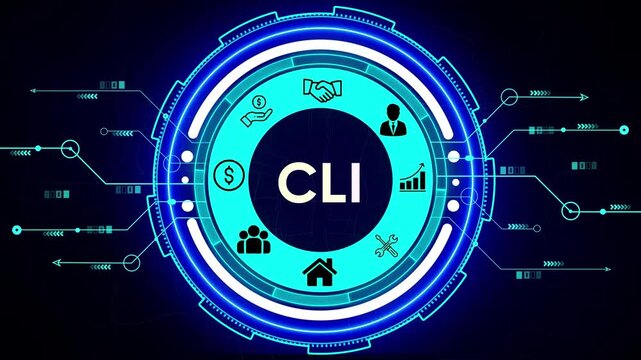 Futuristic Digital Interface with CLI and Business Icons on Dark Blue Circuit Board Background command line interface