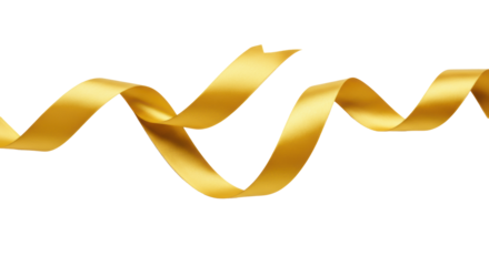 Luxurious bright gold satin ribbon gracefully unfurling into elegant loops on a pristine transparent background with soft studio lighting, ample copy space, refined luxury concept