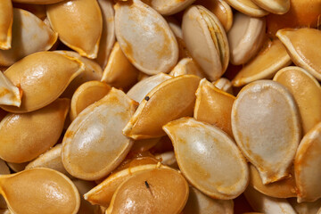 Macro shot of fresh pumpkin seeds with vivid texture and natural shine. Detailed view of the surface and structure of the seeds. Natural tones and moist surface are clearly visible.