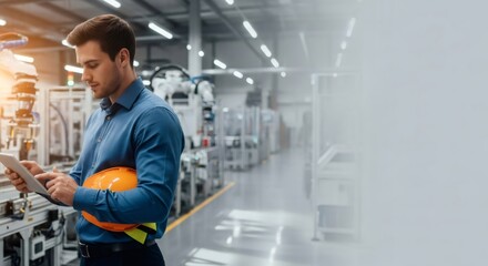 Engineer man holding hard hat inspecting automated robotic arm in a smart factory production assembly line with copy space for industry 4.0 concept.
