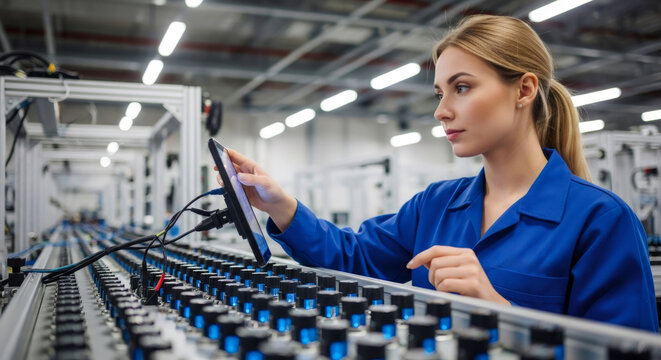 Woman technician using a tablet to monitor automation process on assembly line. Smart factory and industrial internet of things (IIoT) for efficiency.