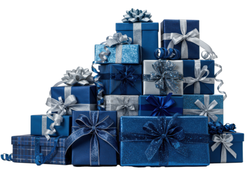 Festive stack of opulent blue, silver gift boxes with elaborate bows, textures, against a transparent background with copy space. Christmas gift-giving concept - Powered by Adobe
