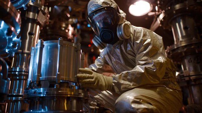 A worker in a full protective suit carefully handles a container of uranium hexafluoride gas before enrichment, highlighting strict safety protocols and the controlled environment of nuclear processin